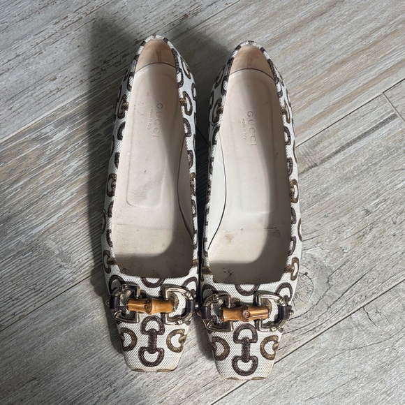Vintage Gucci White Beige Brown GG Bamboo Horsebit Ballet Flats size 8